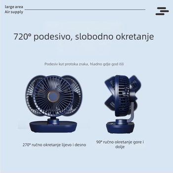 Mini USB stolni ventilator s oscilirajućom glavom, prenosiv za studentsku sobu, 3 lopatice, ugrađena baterija 2000–4000mAh, USB punjenje, 5 brzina, brushless motor