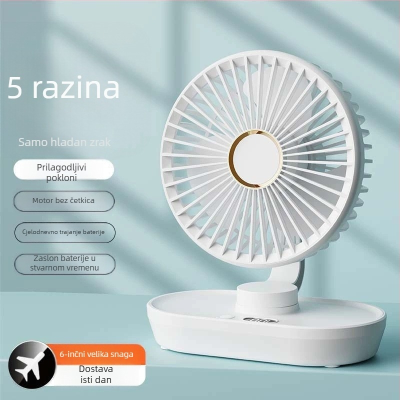 Mini USB stolni ventilator s oscilirajućom glavom, prenosiv za studentsku sobu, 3 lopatice, ugrađena baterija 2000–4000mAh, USB punjenje, 5 brzina, brushless motor