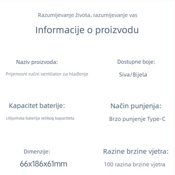 Prijenosni ručni ventilator s USB punjenjem, turbina visokih brzina, 100 brzina, hlađenje zraka