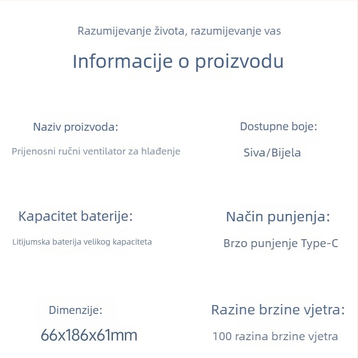 Prijenosni ručni ventilator s USB punjenjem, turbina visokih brzina, 100 brzina, hlađenje zraka