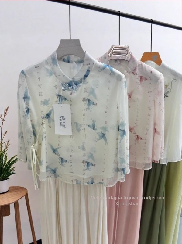 Set u stilu Republike Kine za čajnu ceremoniju, top i suknja, ljeto 2025, Tencel, floralni print i vezenje, ženski