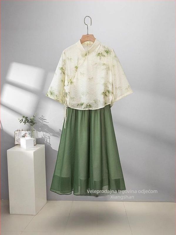 Set u stilu Republike Kine za čajnu ceremoniju, top i suknja, ljeto 2025, Tencel, floralni print i vezenje, ženski