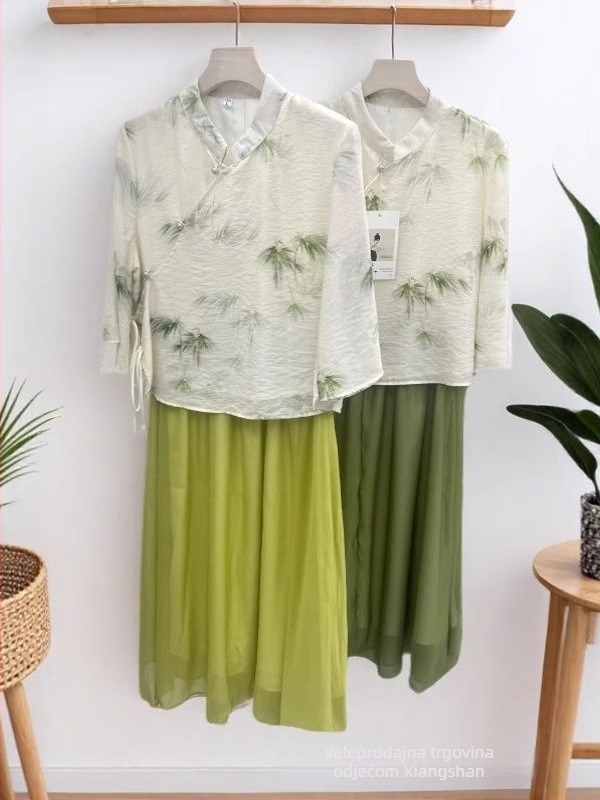 Set u stilu Republike Kine za čajnu ceremoniju, top i suknja, ljeto 2025, Tencel, floralni print i vezenje, ženski