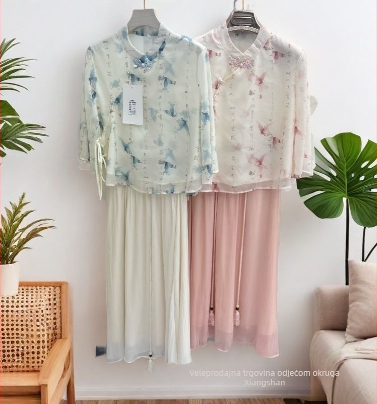 Set u stilu Republike Kine za čajnu ceremoniju, top i suknja, ljeto 2025, Tencel, floralni print i vezenje, ženski