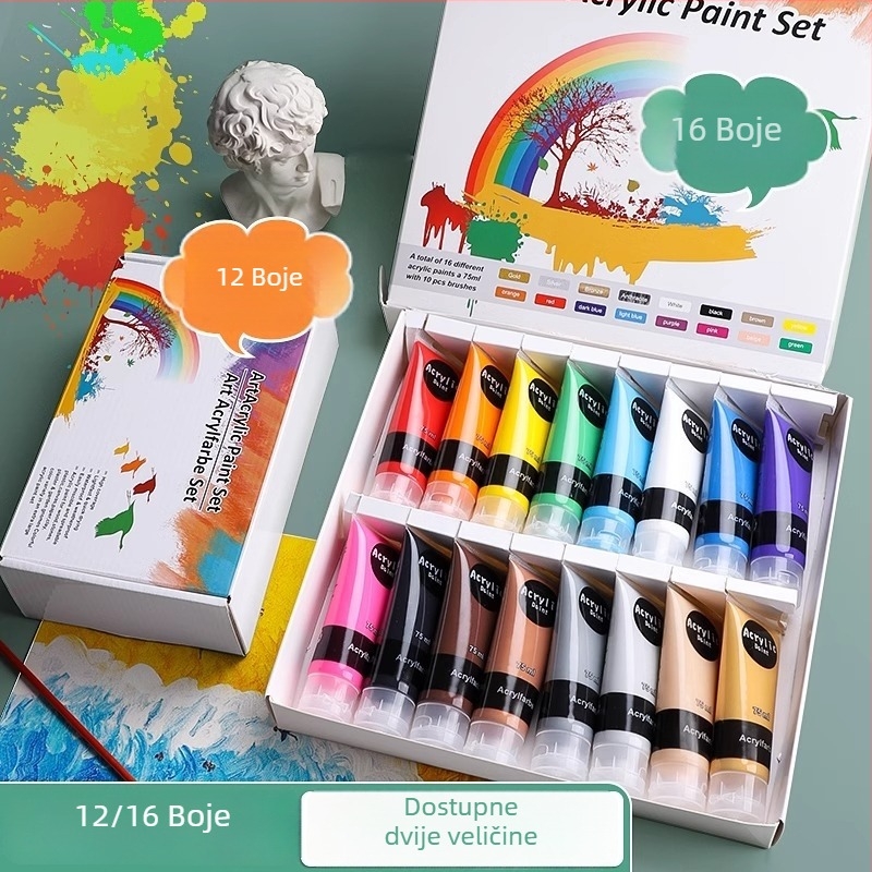 Set akrilnih boja u maloj kutiji za DIY slikanje i graffiti na cipelama, cijevi od 75 ml, 12 ili 16 boja