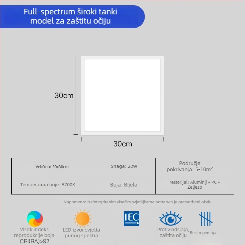Ugradni LED panel s punim spektrom za strop, 30×600 mm, uredsko osvjetljenje, zaštita očiju