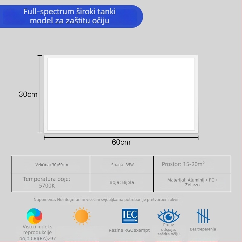 Ugradni LED panel s punim spektrom za strop, 30×600 mm, uredsko osvjetljenje, zaštita očiju