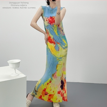 Plisirana haljina u novom kineskom stilu, elegantna cheongsam inspirirana silueta, uski kroj, duga suknja u stilu sirene, ljeto