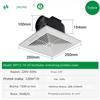 Golden Ling Zračni ventilator s slobodnim protokom zraka za dom, ultra‑tanki stropni ventilator, za kuhinju i kupaonicu