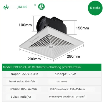 Golden Ling Zračni ventilator s slobodnim protokom zraka za dom, ultra‑tanki stropni ventilator, za kuhinju i kupaonicu