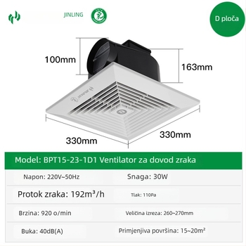 Golden Ling Zračni ventilator s slobodnim protokom zraka za dom, ultra‑tanki stropni ventilator, za kuhinju i kupaonicu