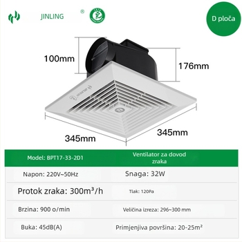 Golden Ling Zračni ventilator s slobodnim protokom zraka za dom, ultra‑tanki stropni ventilator, za kuhinju i kupaonicu