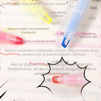Dvostranični fluorescentni marker s prozorom za pregled, set svijetlih boja i konturni marker s debelim tragom.