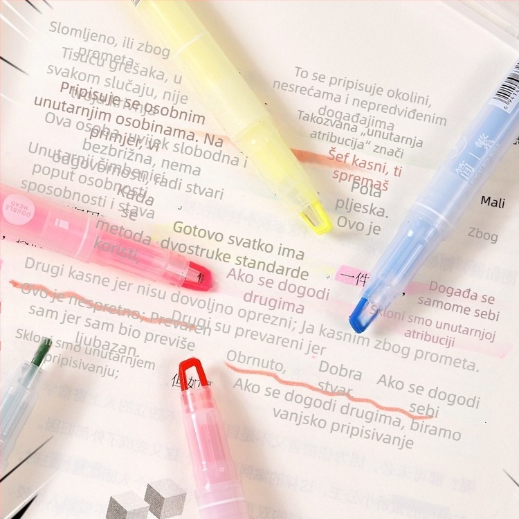 Dvostranični fluorescentni marker s prozorom za pregled, set svijetlih boja i konturni marker s debelim tragom.