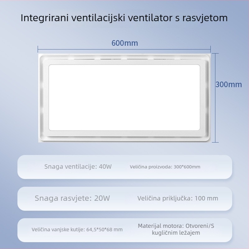 Integrirani stropni LED ventilator za kupaonicu s rasvjetom i ventilacijom, 2-u-1, dimenzije 300×300 mm