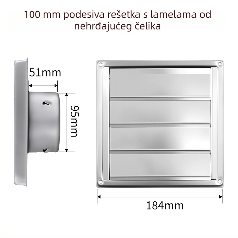 304 nehrđajući čelik, četvrtastog oblika s lamelama koje se automatski zatvaraju, vanjski zid, kišootporan ventilacijski izlaz za sušilicu