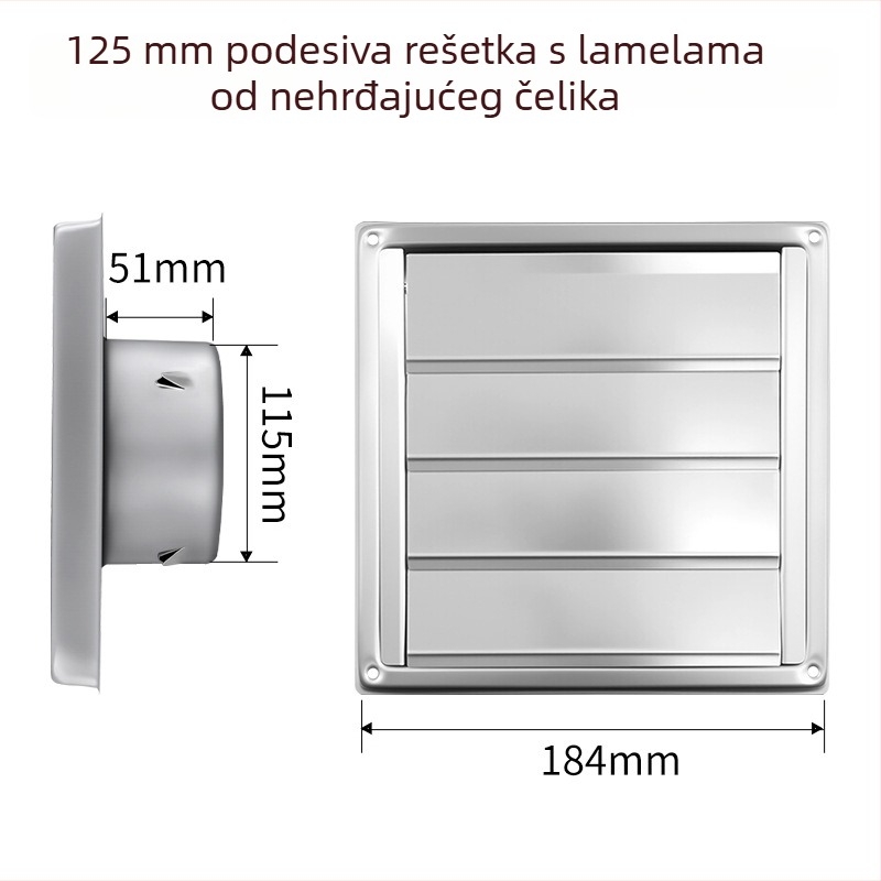 304 nehrđajući čelik, četvrtastog oblika s lamelama koje se automatski zatvaraju, vanjski zid, kišootporan ventilacijski izlaz za sušilicu