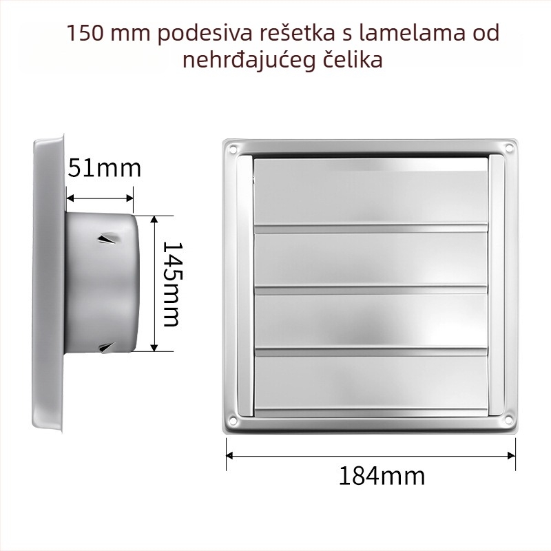 304 nehrđajući čelik, četvrtastog oblika s lamelama koje se automatski zatvaraju, vanjski zid, kišootporan ventilacijski izlaz za sušilicu