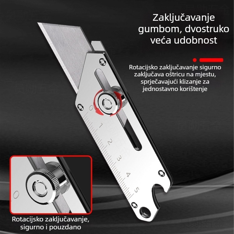 Teški nož za uredske potrebe od nehrđajućeg čelika s debelom oštricom, mjernom skalom i rezom papira