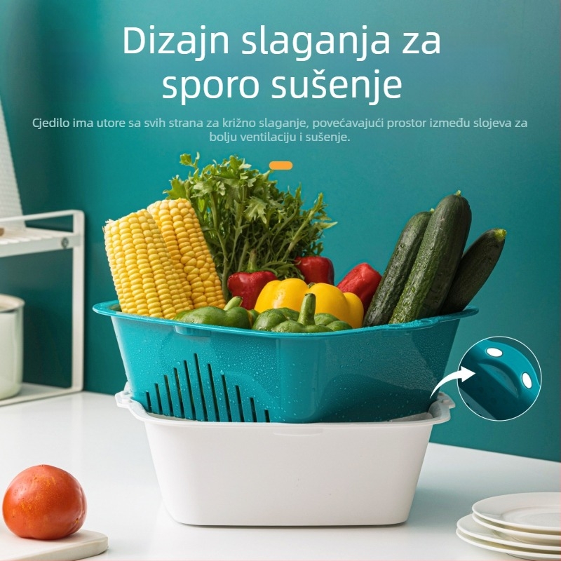 Dvostruko slojevita plastična cjedilo za pranje povrća i riže, kuhinjska posuda, pladanj za voće