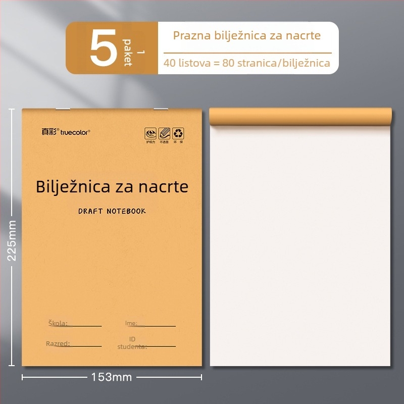 True Color podijeljeni blok crteža za učenike osnovne škole, debele odvojive stranice za bilješke i prazne papirne stranice za izračune