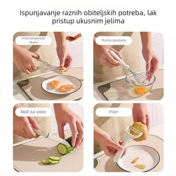 Set kuhinjskih alata: nož za voće, nož za guljenje, nehrđajući čelični miješalica za jaja, kuhinjske škare, otvarač za boce i set za pohranu