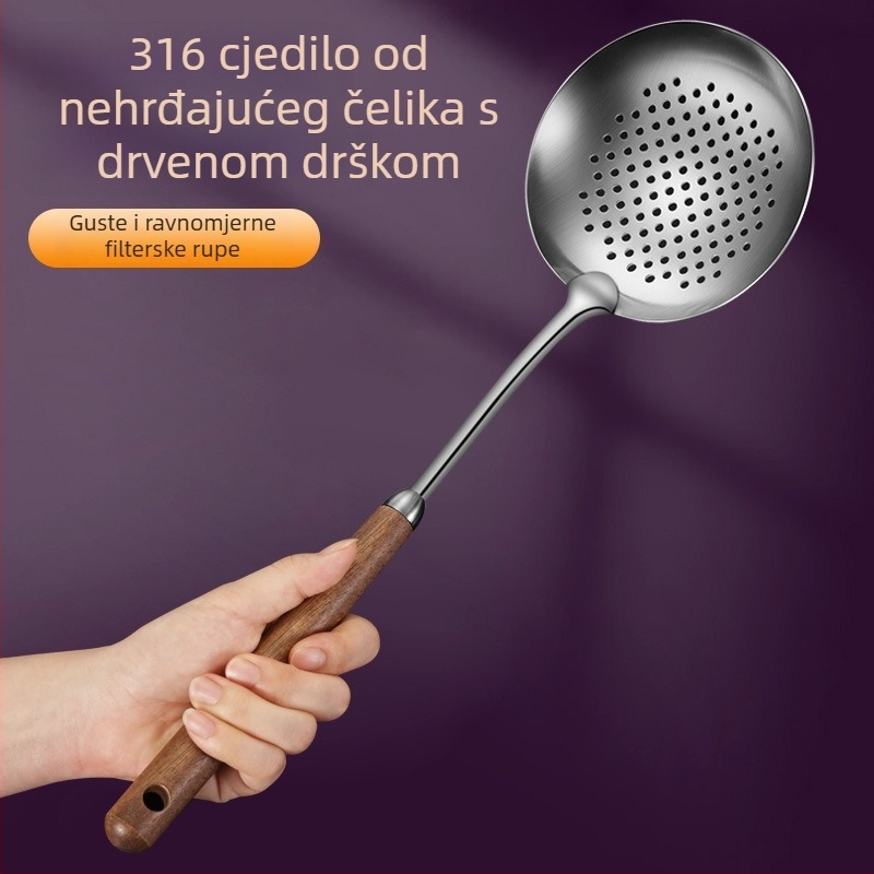 Set kuhinjskih posuđa od nehrđajućeg čelika 316 s drvenim ručkama od orašastog drveta — špatula, žlica za juhu, naberač, sito