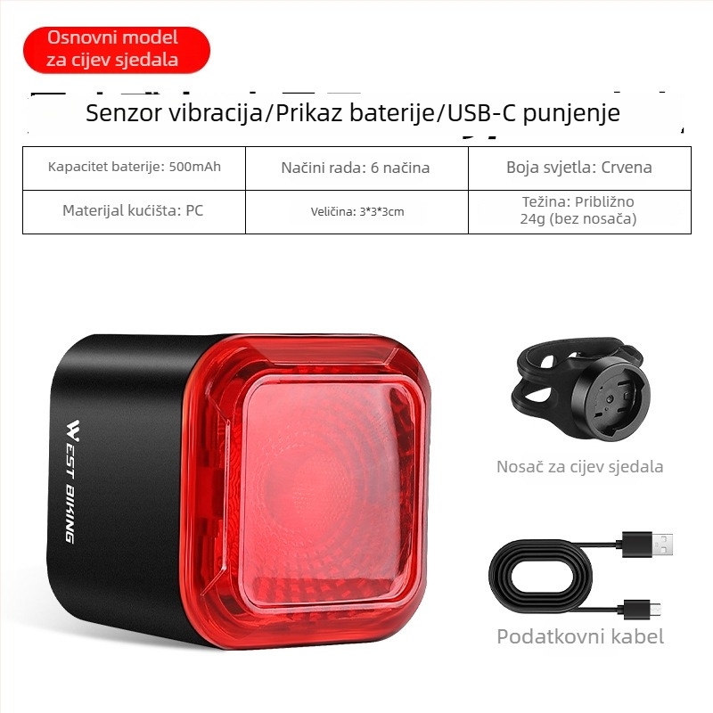 Inteligentna stražnja svjetiljka s senzorom kočenja za MTB i cestovne bicikle, Type-C punjenje, svjetlo za noćnu vožnju