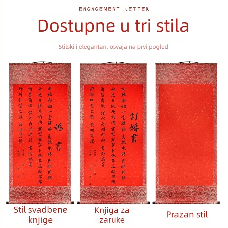 Pozivnica za zaruke i vjenčanje u kineskom retro stilu, ogroman viseći svitak, najava datuma, pisma o zarukama, vjenčani dodaci