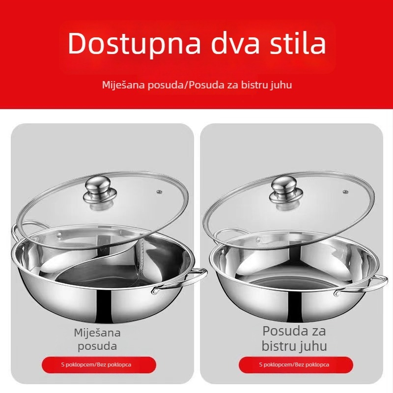 Nerđajući čelični lonac za hot pot s podijeljenim prostorom za dva okusa, 28 cm, s dvostrukim ručkama i poklopcem, za kućnu i komercijalnu upotrebu