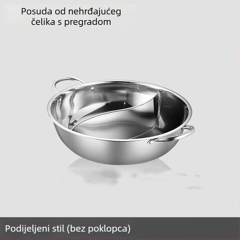 Nerđajući čelični lonac za hot pot s podijeljenim prostorom za dva okusa, 28 cm, s dvostrukim ručkama i poklopcem, za kućnu i komercijalnu upotrebu