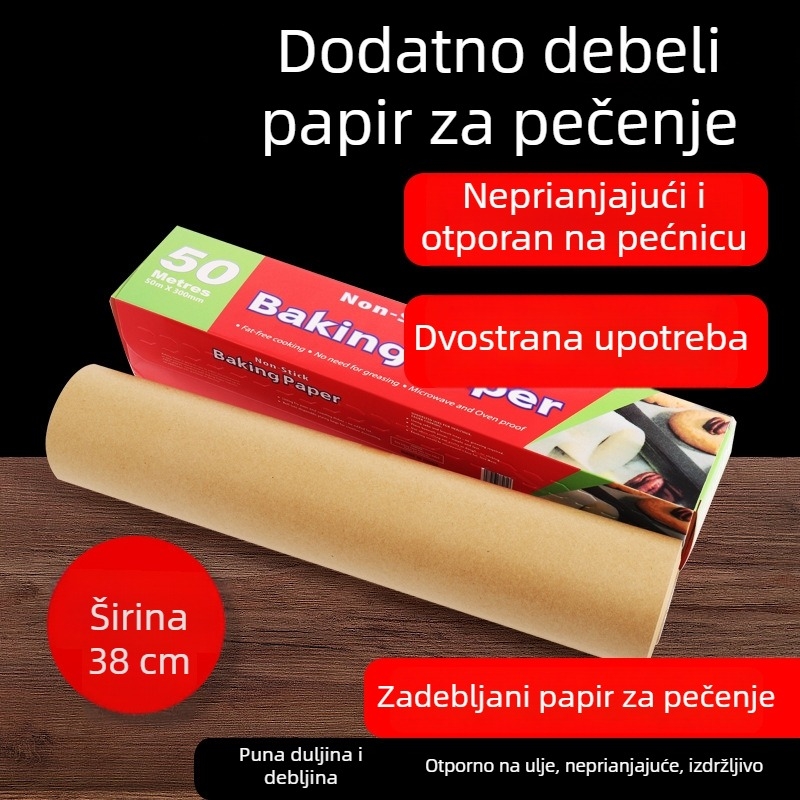 Pek papir sa silikonim premazom u prirodnoj drvnoj boji, veliki rol, širina 38 cm, otporan na visoke temperature, za pećnicu.