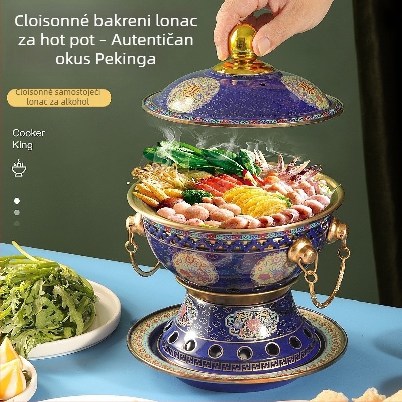 Cloisonné bakreni lonac za kućnu upotrebu – Stari Pekin stil, mosazna unutarnja obloga, kapacitet 2,1–4 L, bez električne energije