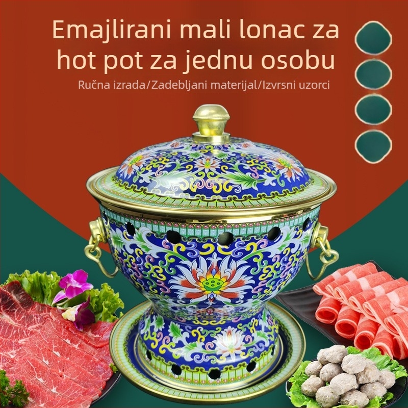 Emalirani bakreni lonac za jednu osobu sa stolnim alkoholnim plamenikom
