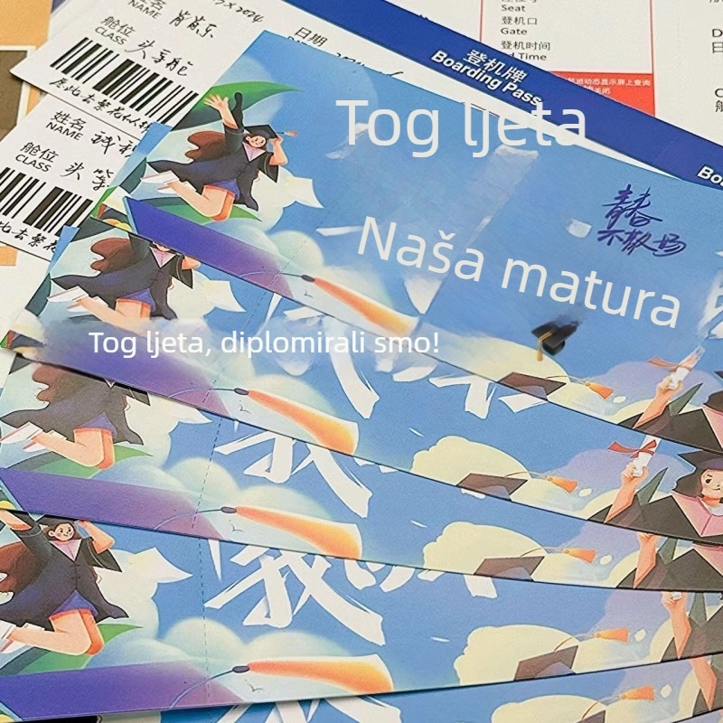 Završna kartica s dizajnom boarding passa — Instagram stil, personalizirani suvenir za studente fakulteta i srednje škole