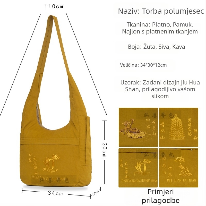 Hongshan Jiuhua Mountain platnena torbica za tamjan, oblik polumjeseca, budistička crossbody torba