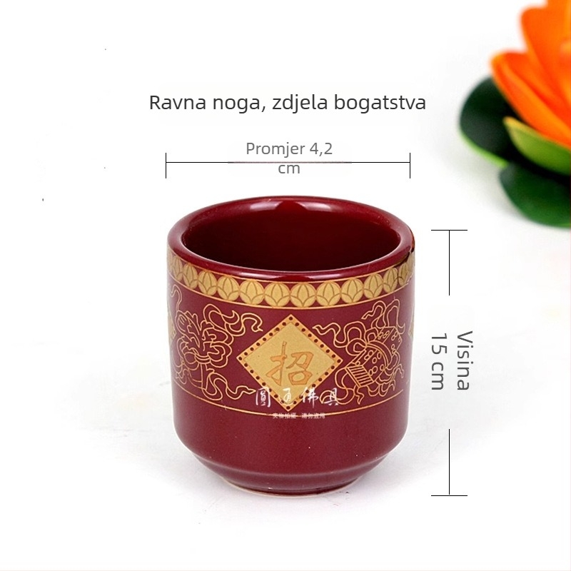 Keramička crvena čaša svete vode s visokim postoljem, zlatno-ždadi dizajn, za ponudu u budističkom hramu