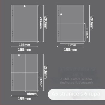 A5 refil s 6 rupa, prozirne PP unutarnje stranice i male stranice za pohranu kartica, kompatibilno s Instax vizitkama
