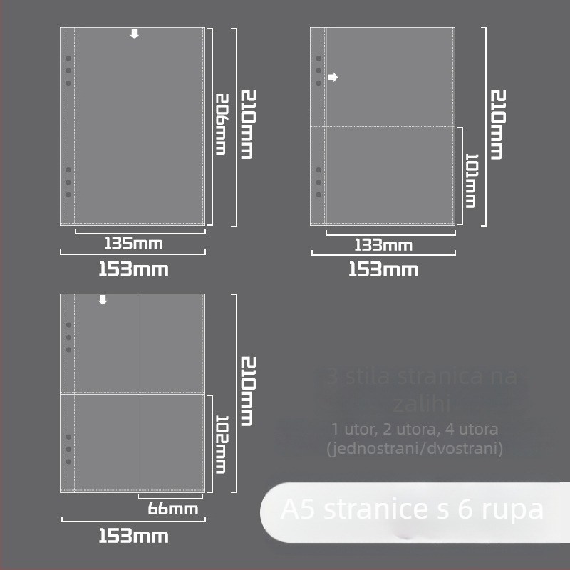 A5 refil s 6 rupa, prozirne PP unutarnje stranice i male stranice za pohranu kartica, kompatibilno s Instax vizitkama