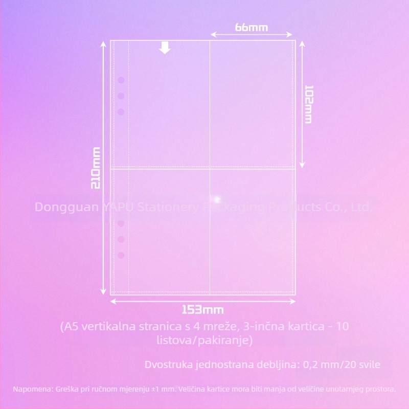 A5 refil s 6 rupa, prozirne PP unutarnje stranice i male stranice za pohranu kartica, kompatibilno s Instax vizitkama