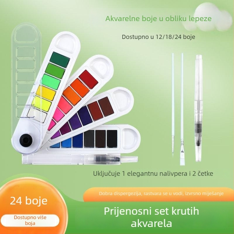 Prijenosni set akvarela s 24 boja, u obliku ventilatora, za učenike i početnike u umjetnosti