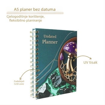 A5 međunarodni planer bez kalendara, tvrdi uvez sa spiralom, s podijeljenim stranicama, punobojni engleski planer za 2026. godinu