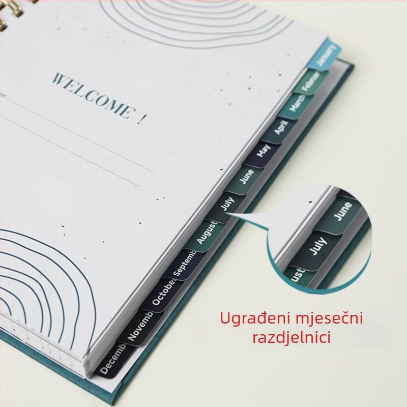 A5 međunarodni planer bez kalendara, tvrdi uvez sa spiralom, s podijeljenim stranicama, punobojni engleski planer za 2026. godinu