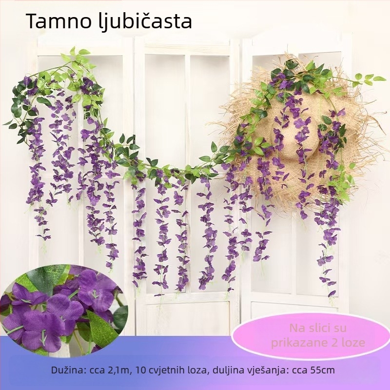 Umjetna loza s ljubičastim cvjetovima za dekoracije, viseća i uvijajuća, plastično cvijeće, duljina 100–200 cm