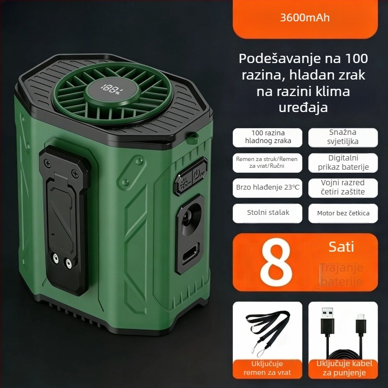 Vanjski nosivi ventilator za pojas i vrat, USB punjiv, 6 lopatica, 6 brzina, prenosno hlađenje