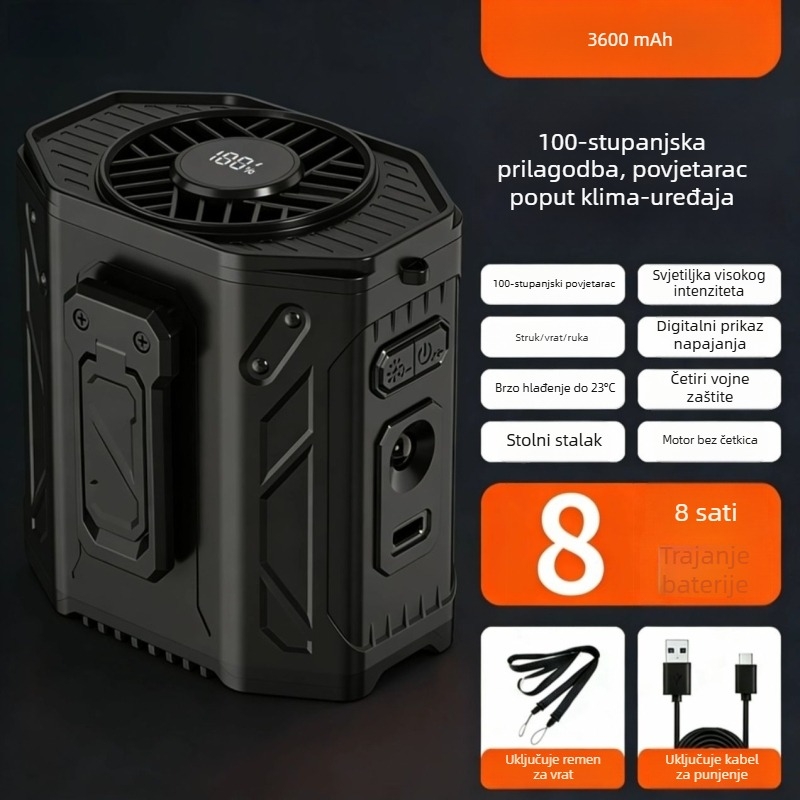 Vanjski nosivi ventilator za pojas i vrat, USB punjiv, 6 lopatica, 6 brzina, prenosno hlađenje