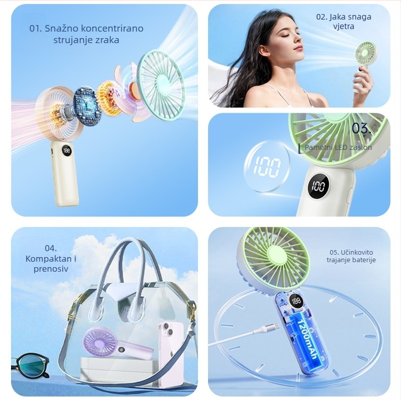 USB ručni mini ventilator s digitalnim zaslonom, ugrađena baterija 1000–1200mAh, 3 lopatice, 5V, 4.1W, šest brzina, kompaktni prijenosni stolni ventilator za ured