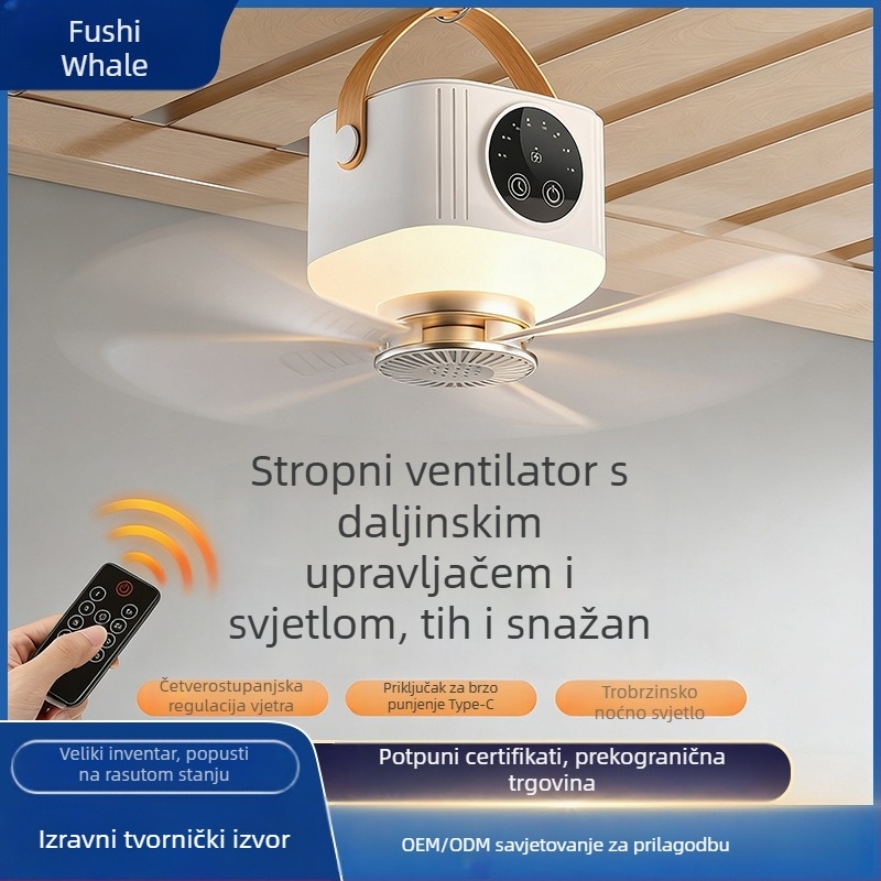 Mini višefunkcijski vanjski ventilator s rasvjetom za kampiranje, stolni i zidni držač, punjiv, daljinski upravljač.