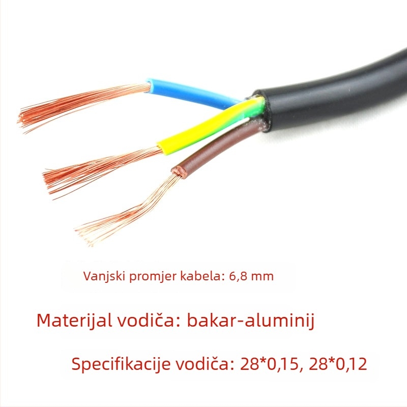 Kabel za napajanje s bakarom obloženim aluminijem, 3-žilni, britanski standard 3-pinski utikač, crna, 0,75 mm², duljina 1,2–3 m, završni konektor