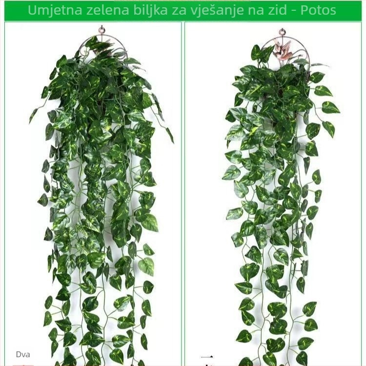 Umjetna zelena ratan zidna dekoracija s listovima i visećim košem – dekor za dnevni boravak i strop
